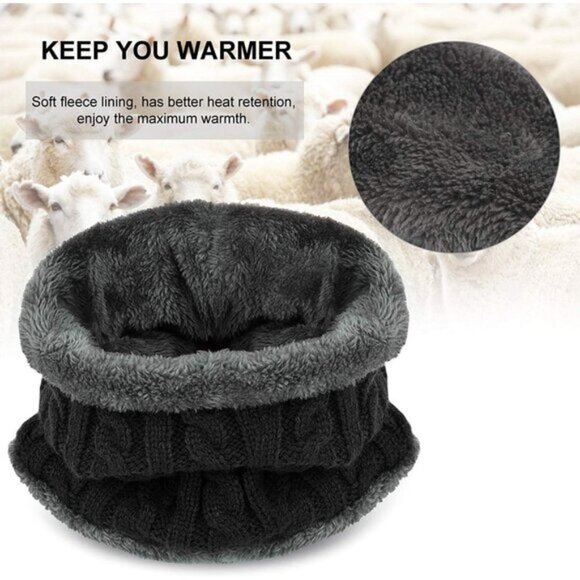🆕Kids Black Knit Beanie Cap Winter Hat Warm Soft Fleece Lining Thread Scarf Set - Picture 5 of 5